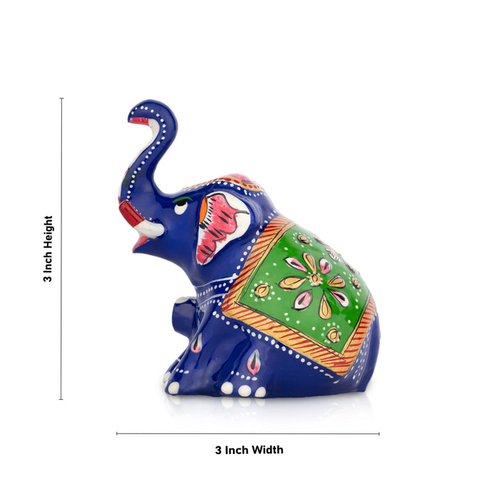 Elephant Statue - 3 x 3 Inches | Aluminium Sitting Elephant Sculpture/ Painted Elephant Idol for Home Decor - Table Stand Accessories