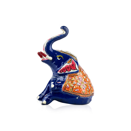 Elephant Statue - 5 x 4.5 Inches | Aluminium Sitting Elephant Sculpture/ Painted Elephant Idol for Home Decor - Table Stand Accessories