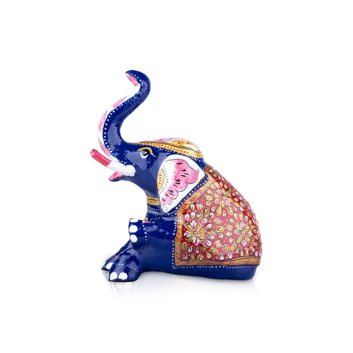 Elephant Statue - 6 x 5.5 Inches | Aluminium Sitting Elephant Sculpture/ Painted Elephant Idol for Home Decor - Table Stand Accessories