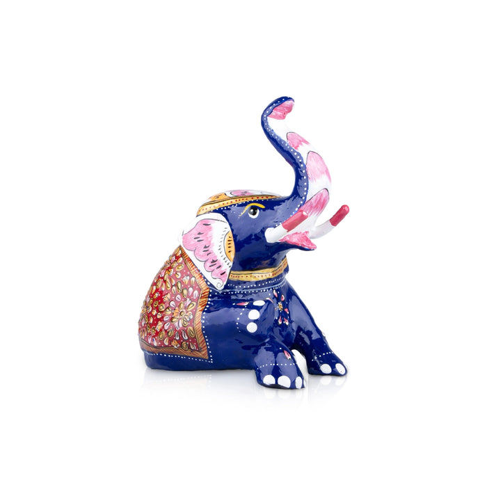 Elephant Statue - 6 x 5.5 Inches | Aluminium Sitting Elephant Sculpture/ Painted Elephant Idol for Home Decor - Table Stand Accessories
