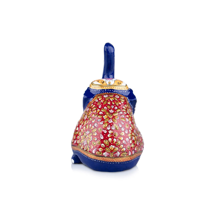 Elephant Statue - 6 x 5.5 Inches | Aluminium Sitting Elephant Sculpture/ Painted Elephant Idol for Home Decor - Table Stand Accessories