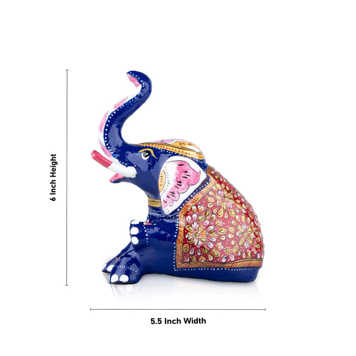 Elephant Statue - 6 x 5.5 Inches | Aluminium Sitting Elephant Sculpture/ Painted Elephant Idol for Home Decor - Table Stand Accessories