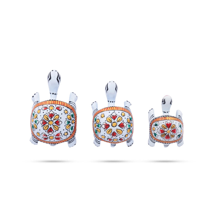 Tortoise Statue Set - 1.5 x 2.5 Inches | Aluminium Sculpture/ White Colour Painted Tortoise Sculpture for Home - Table Stand Accessories