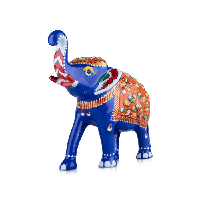Painted Elephant Statue - 5 x 5 Inches | Trunk Up Elephant Sculpture/ Aluminium Elephant Idol for Home Decor - Table Stand Accessories
