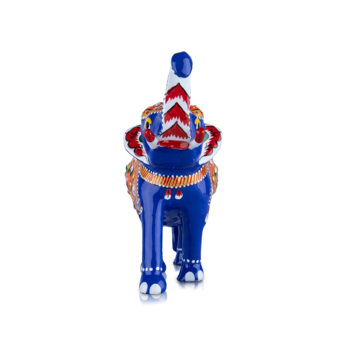 Painted Elephant Statue - 5 x 5 Inches | Trunk Up Elephant Sculpture/ Aluminium Elephant Idol for Home Decor - Table Stand Accessories