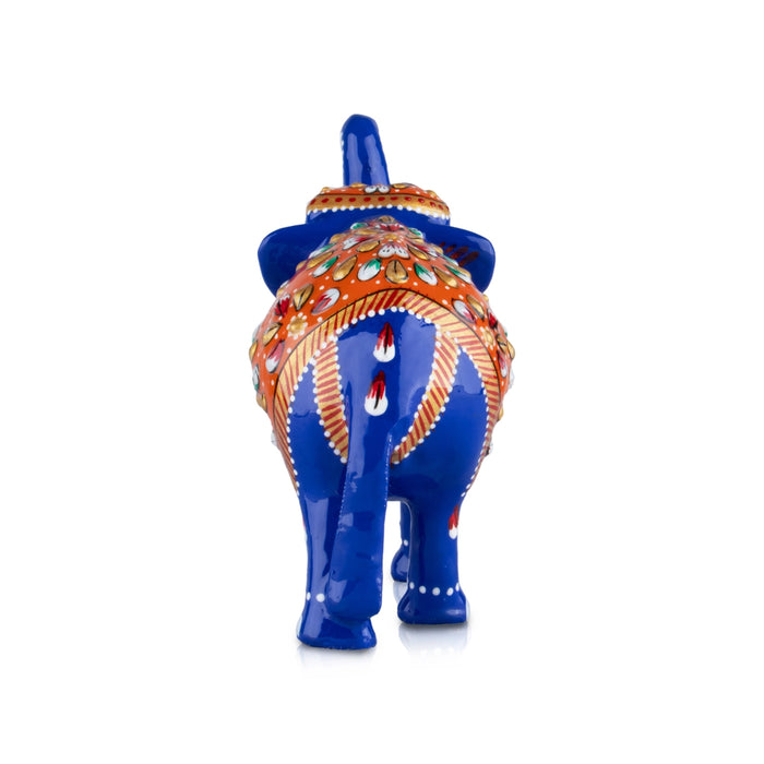Painted Elephant Statue - 5 x 5 Inches | Trunk Up Elephant Sculpture/ Aluminium Elephant Idol for Home Decor - Table Stand Accessories