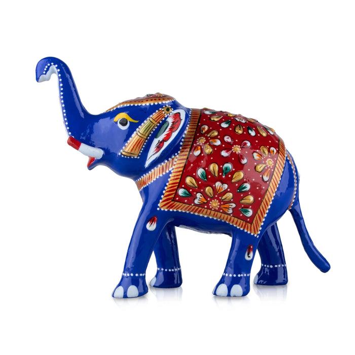 Painted Elephant Statue - 6 x 6 Inches | Trunk Up Elephant Sculpture/ Aluminium Elephant Idol for Home Decor - Table Stand Accessories