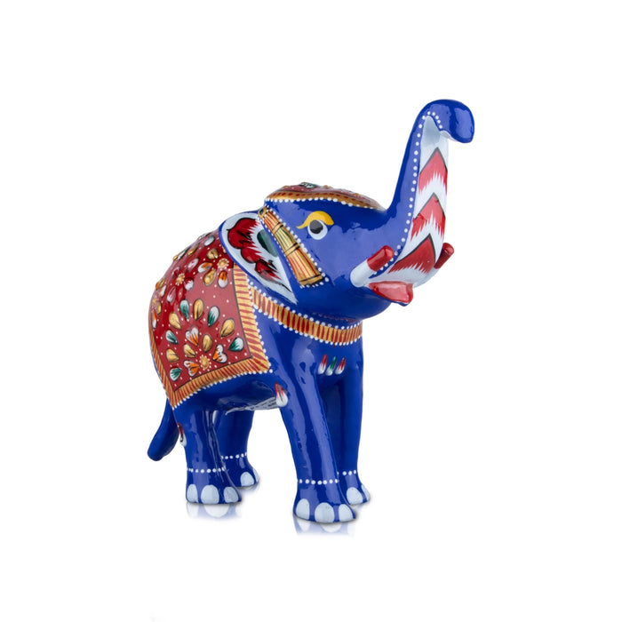 Painted Elephant Statue - 6 x 6 Inches | Trunk Up Elephant Sculpture/ Aluminium Elephant Idol for Home Decor - Table Stand Accessories