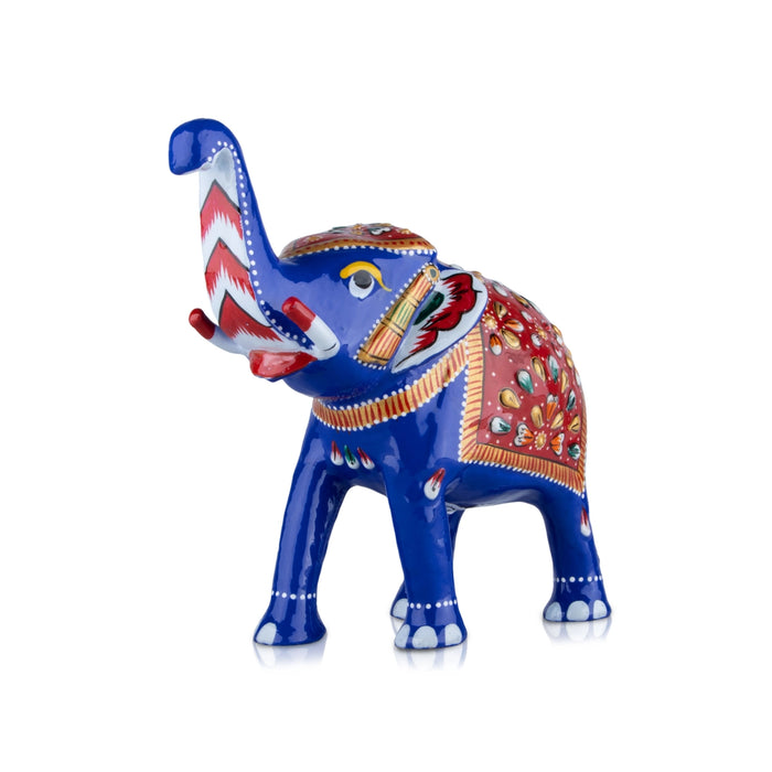 Painted Elephant Statue - 6 x 6 Inches | Trunk Up Elephant Sculpture/ Aluminium Elephant Idol for Home Decor - Table Stand Accessories