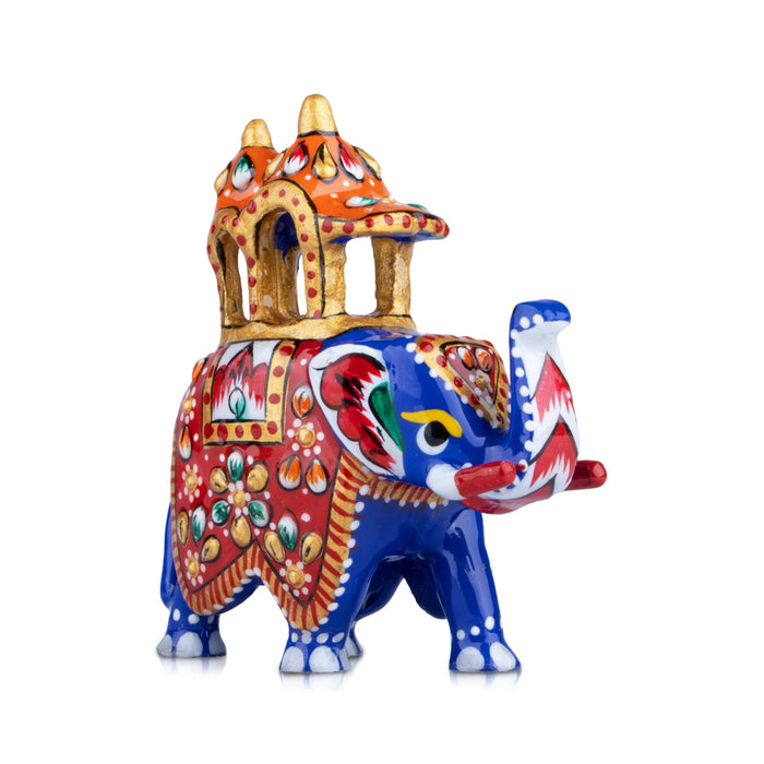 Elephant Statue - 3 x 2.5 Inches | Aluminium Ambari Elephant/ Painted Elephant Sculpture for Home Decor