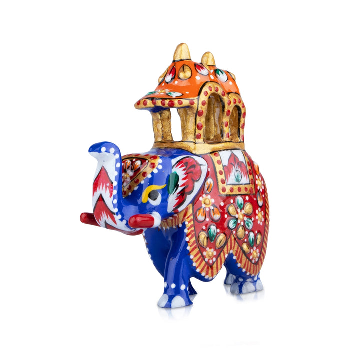 Elephant Statue - 3 x 2.5 Inches | Aluminium Ambari Elephant/ Painted Elephant Sculpture for Home Decor