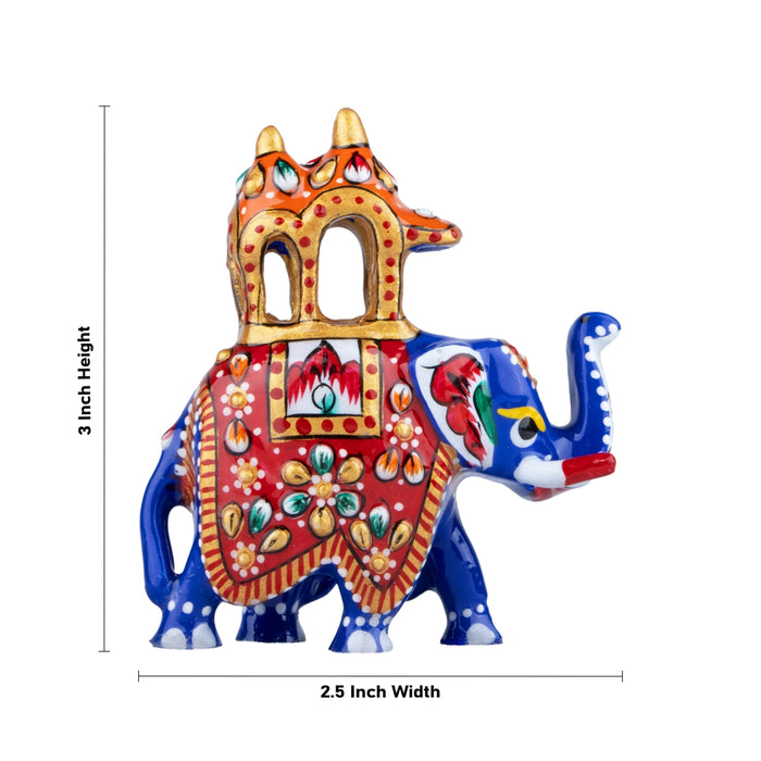 Elephant Statue - 3 x 2.5 Inches | Aluminium Ambari Elephant/ Painted Elephant Sculpture for Home Decor