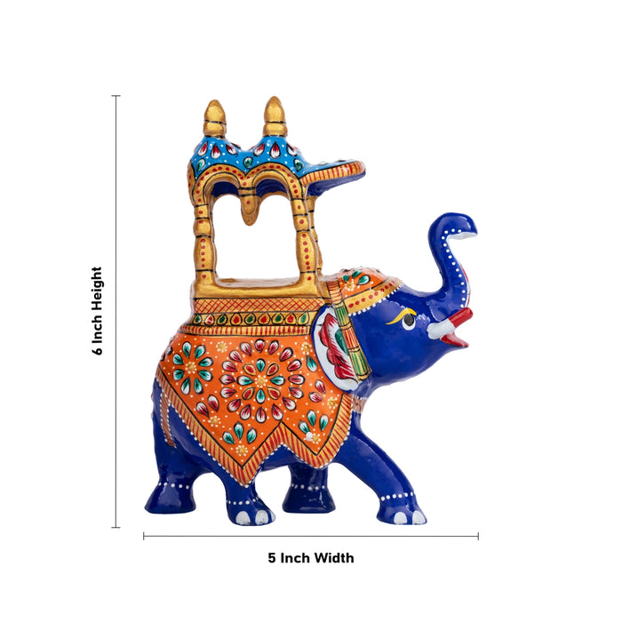 Elephant Statue - 6 x 5 Inches | Aluminium Ambari Elephant/ Painted Elephant Sculpture for Home Decor