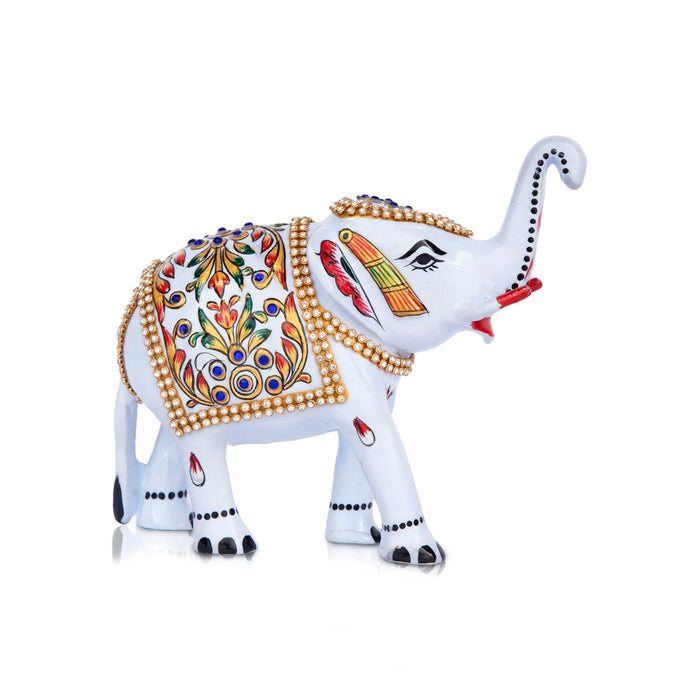 Painted Elephant Statue - 6 x 7 Inches | Stone Elephant Idol/ Aluminium Trunk Up Elephant Sculpture for Home - Table Stand Accessories