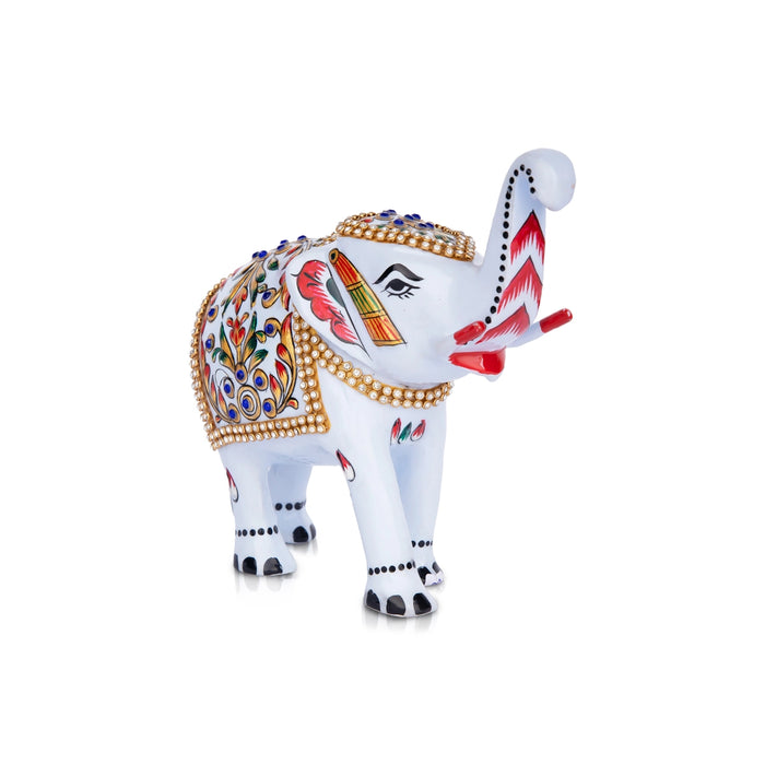 Painted Elephant Statue - 6 x 7 Inches | Stone Elephant Idol/ Aluminium Trunk Up Elephant Sculpture for Home - Table Stand Accessories