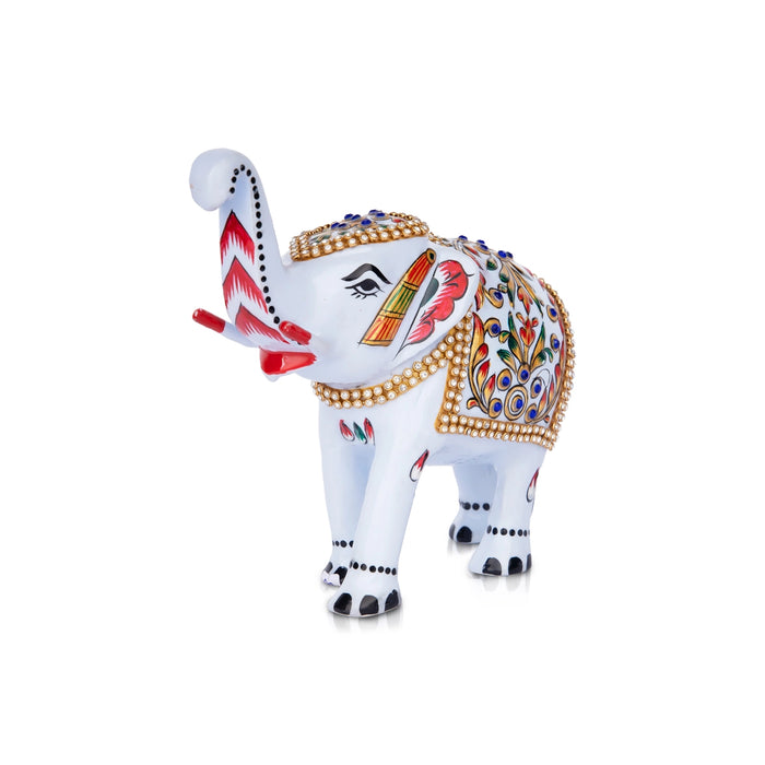 Painted Elephant Statue - 6 x 7 Inches | Stone Elephant Idol/ Aluminium Trunk Up Elephant Sculpture for Home - Table Stand Accessories