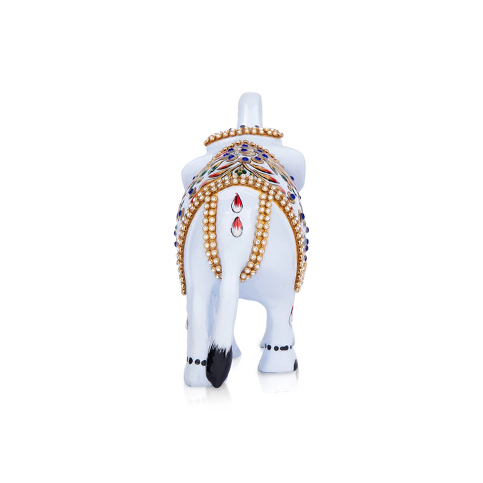 Painted Elephant Statue - 6 x 7 Inches | Stone Elephant Idol/ Aluminium Trunk Up Elephant Sculpture for Home - Table Stand Accessories