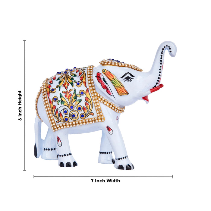 Painted Elephant Statue - 6 x 7 Inches | Stone Elephant Idol/ Aluminium Trunk Up Elephant Sculpture for Home - Table Stand Accessories