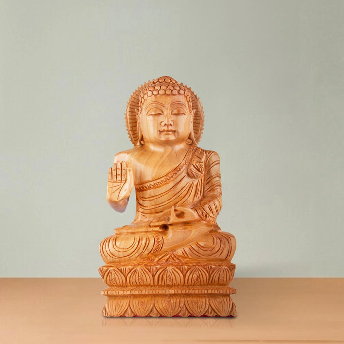 Buddha Statue - 8 x 4.5 Inches | Wooden Statue/ Buddha Idol Sitting On Flower Base/ Buddha Murti for Pooja