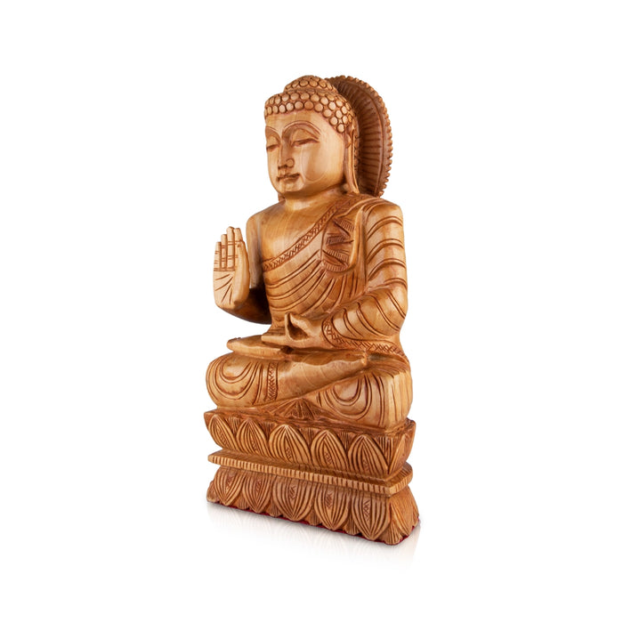 Buddha Statue - 10 x 5.5 Inches | Wooden Statue/ Buddha Idol Sitting On Flower Base/ Buddha Murti for Pooja - Wooden Murties