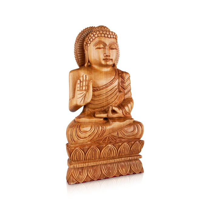 Buddha Statue - 10 x 5.5 Inches | Wooden Statue/ Buddha Idol Sitting On Flower Base/ Buddha Murti for Pooja - Wooden Murties