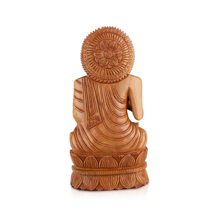 Buddha Statue - 10 x 5.5 Inches | Wooden Statue/ Buddha Idol Sitting On Flower Base/ Buddha Murti for Pooja - Wooden Murties