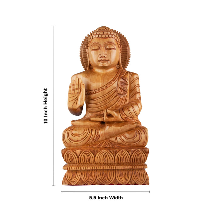 Buddha Statue - 10 x 5.5 Inches | Wooden Statue/ Buddha Idol Sitting On Flower Base/ Buddha Murti for Pooja - Wooden Murties