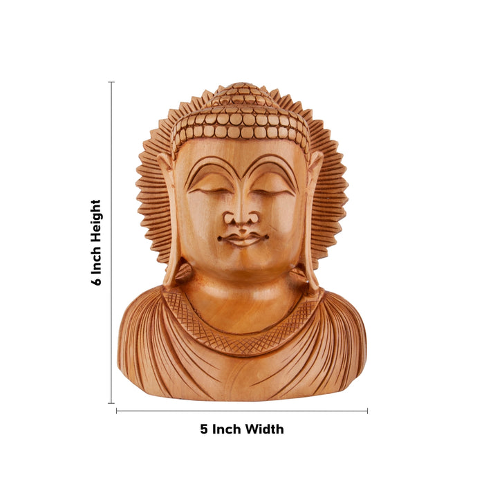 Buddha Bust Statue - 6 x 5 Inches | Wooden Statue/ Buddha Idol/ Buddha Murti for Pooja - Wooden Murties