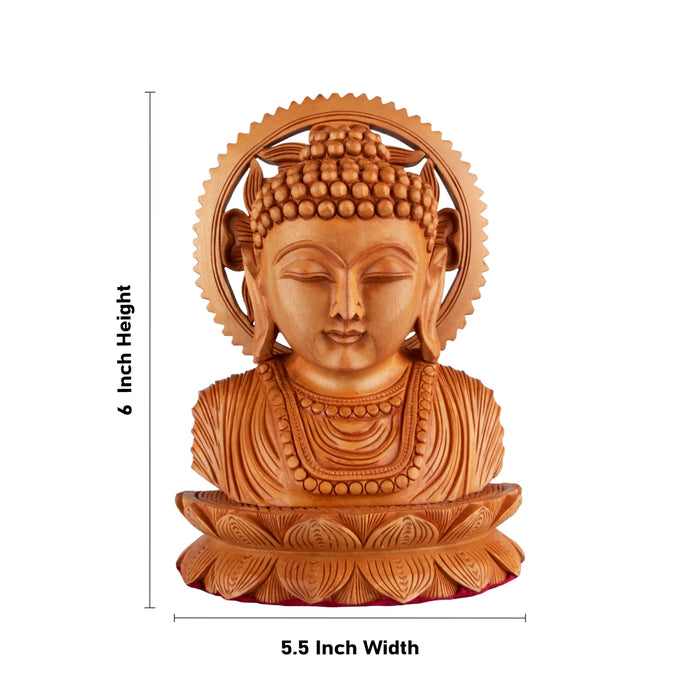Buddha Bust Statue With Base - 6 x 5.5 Inches | Wooden Statue/ Buddha Idol/ Buddha Murti for Pooja - Wooden Murties