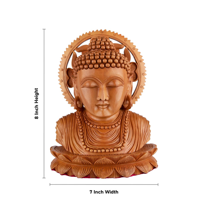 Buddha Bust Statue With Base - 8 x 7 Inches | Wooden Statue/ Buddha Idol/ Buddha Murti for Pooja - Wooden Murties