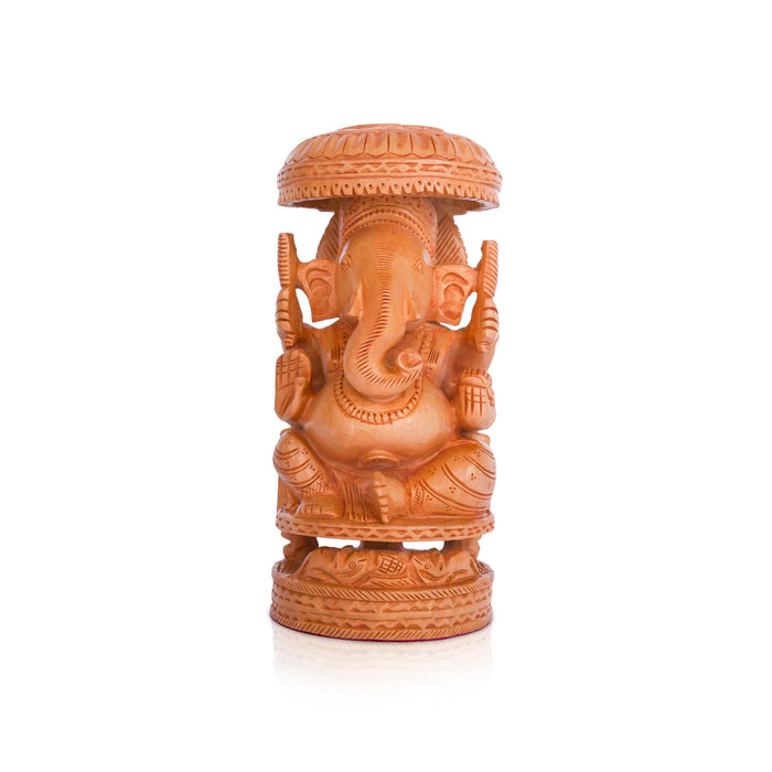 Ganesh Murti With Umbrella - 10 x 4.5 Inches | Wooden Statue/ Vinayaka Statue Sitting On Chowki for Pooja - Wooden Murties