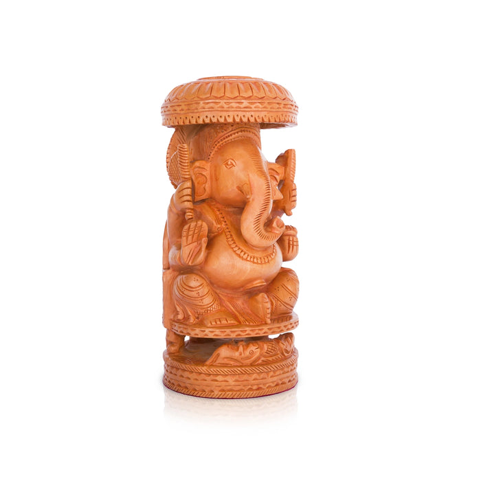 Ganesh Murti With Umbrella - 10 x 4.5 Inches | Wooden Statue/ Vinayaka Statue Sitting On Chowki for Pooja - Wooden Murties