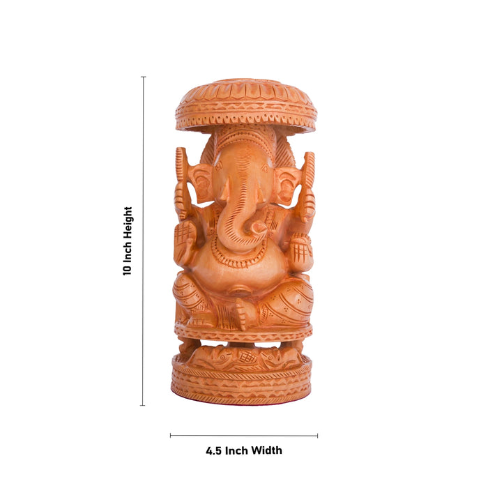 Ganesh Murti With Umbrella - 10 x 4.5 Inches | Wooden Statue/ Vinayaka Statue Sitting On Chowki for Pooja - Wooden Murties