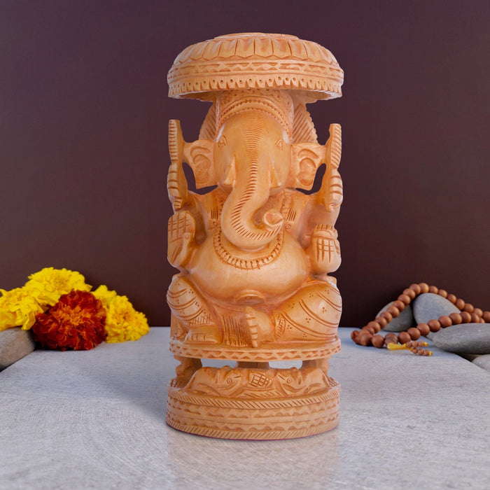 Ganesh Murti With Umbrella - 10 x 4.5 Inches | Wooden Statue/ Vinayaka Statue Sitting On Chowki for Pooja