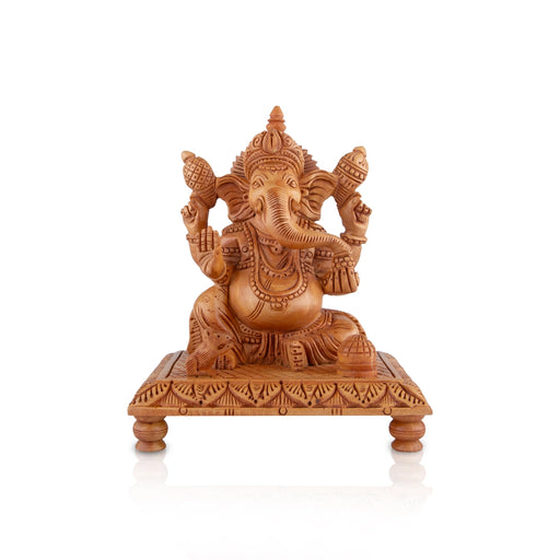 Ganesh Murti - 6 x 5.5 Inches | Wooden Statue/ Ganapati Idol Sitting On Chowki / Vinayagar Statue for Pooja - Wooden Murties