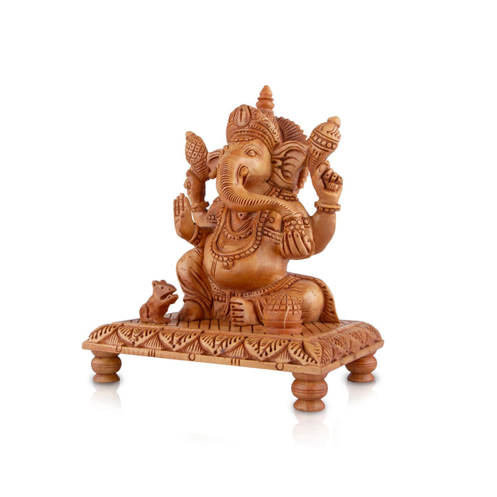 Ganesh Murti - 6 x 5.5 Inches | Wooden Statue/ Ganapati Idol Sitting On Chowki / Vinayagar Statue for Pooja - Wooden Murties