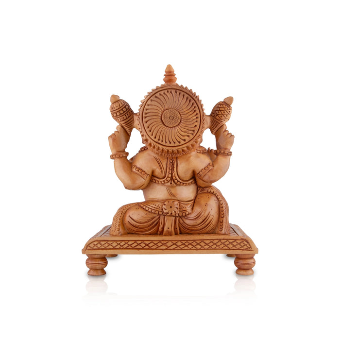 Ganesh Murti - 6 x 5.5 Inches | Wooden Statue/ Ganapati Idol Sitting On Chowki / Vinayagar Statue for Pooja - Wooden Murties