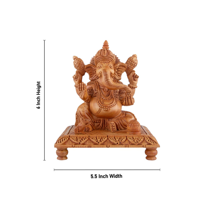 Ganesh Murti - 6 x 5.5 Inches | Wooden Statue/ Ganapati Idol Sitting On Chowki / Vinayagar Statue for Pooja - Wooden Murties