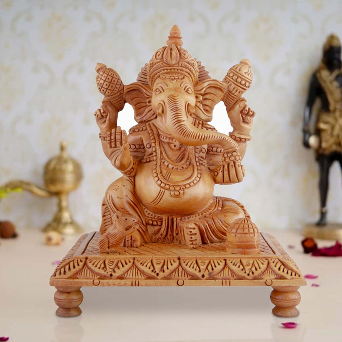 Ganesh Murti - 6 x 5.5 Inches | Wooden Statue/ Ganapati Idol Sitting On Chowki / Vinayagar Statue for Pooja