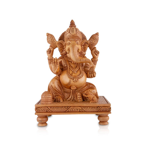 Ganesh Murti - 8 x 6 Inches | Wooden Statue/ Ganapati Idol Sitting On Chowki/ Vinayagar Statue for Pooja - Wooden Murties