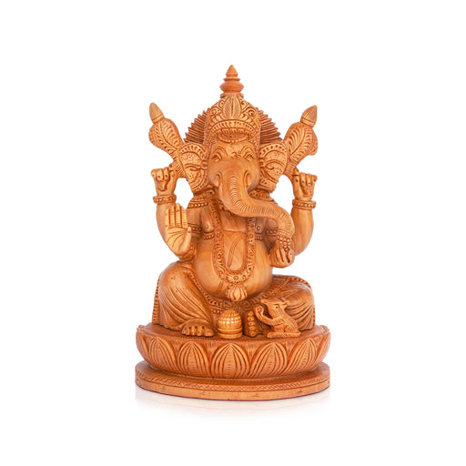 Ganesh Murti - 8 x 5.5 Inches | Wooden Statue/ Ganapati Idol Sitting On Kamal Base/ Vinayagar Statue for Pooja - Wooden Murties