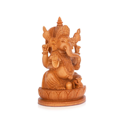 Ganesh Murti - 8 x 5.5 Inches | Wooden Statue/ Ganapati Idol Sitting On Kamal Base/ Vinayagar Statue for Pooja - Wooden Murties