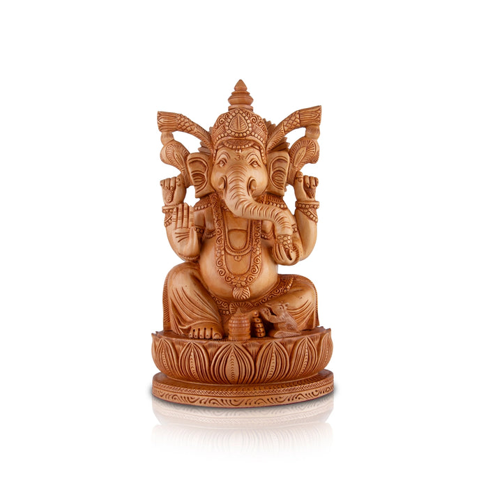 Ganesh Murti - 10 x 6.5 Inches | Wooden Statue/ Ganapati Idol Sitting On Kamal Base/ Vinayagar Statue for Pooja - Wooden Murties