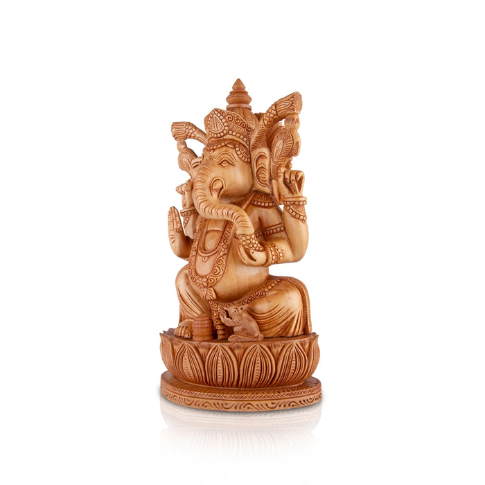 Ganesh Murti - 10 x 6.5 Inches | Wooden Statue/ Ganapati Idol Sitting On Kamal Base/ Vinayagar Statue for Pooja - Wooden Murties