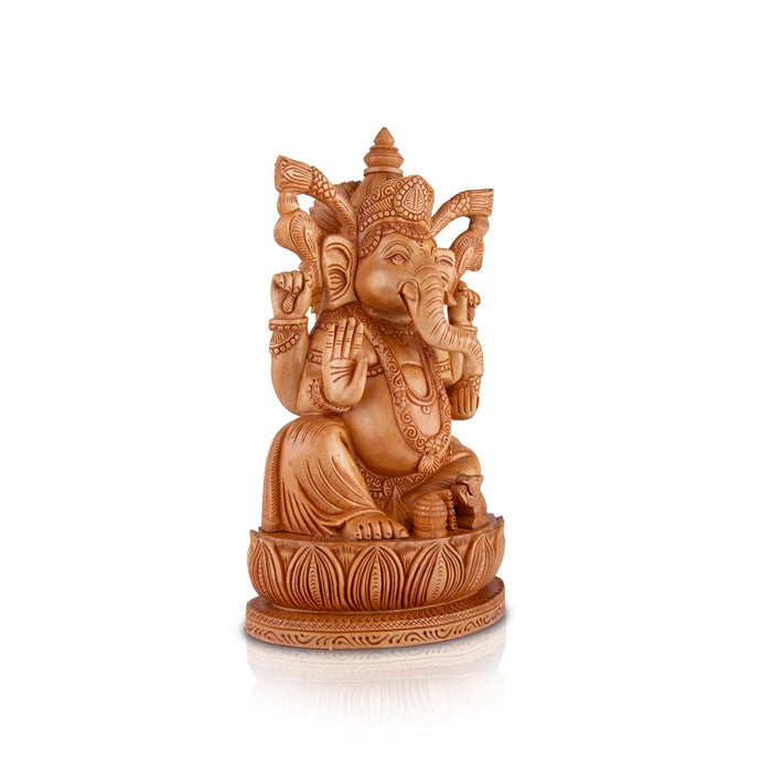 Ganesh Murti - 10 x 6.5 Inches | Wooden Statue/ Ganapati Idol Sitting On Kamal Base/ Vinayagar Statue for Pooja - Wooden Murties