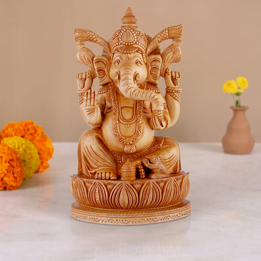 Ganesh Murti - 10 x 6.5 Inches | Wooden Statue/ Ganapati Idol Sitting On Kamal Base/ Vinayagar Statue for Pooja - Wooden Murties