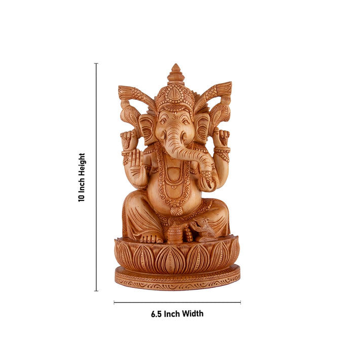 Ganesh Murti - 10 x 6.5 Inches | Wooden Statue/ Ganapati Idol Sitting On Kamal Base/ Vinayagar Statue for Pooja - Wooden Murties