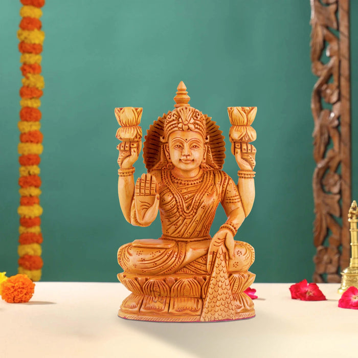 Lakshmi Idol Sitting On Lotus - 6 x 4 Inches | Wooden Statue/ Lakshmi Murti/ Laxmi Idol for Pooja