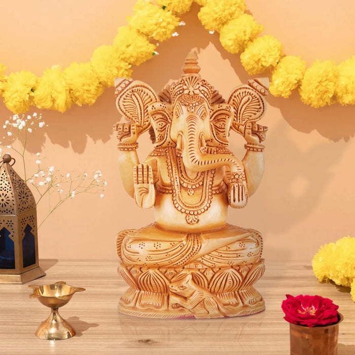 Ganesh Murti - 9 x 5 Inches | Wooden Statue/ Sitting Vinayaka Statue/ Ganpati Murti for Pooja