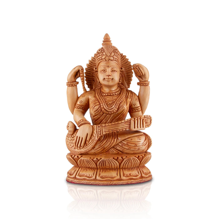 Saraswati Murti - 6 x 4.5 Inches | Wooden Statue/ Sitting Saraswati Idol for Pooja - Wooden Murties